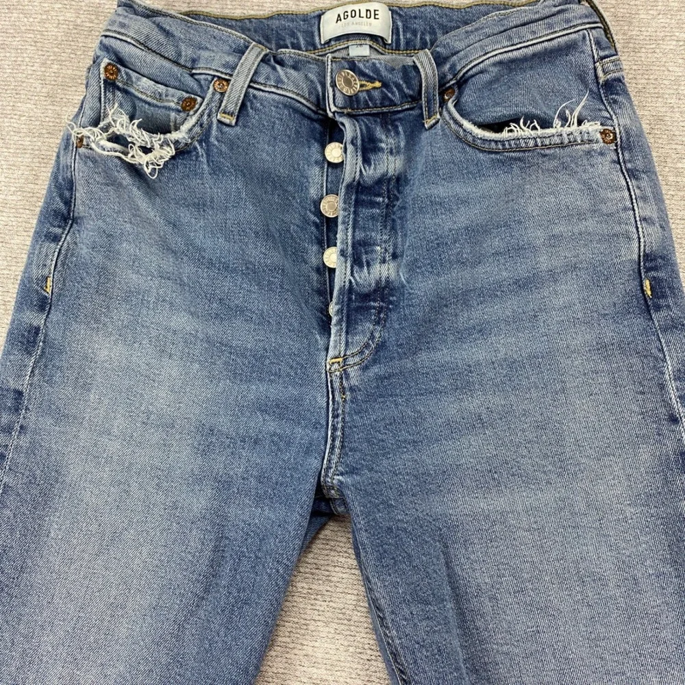 Agolde High Rise Skinny Jeans Button Fly Distressed Raw Hem Medium Wash Size‎ 26